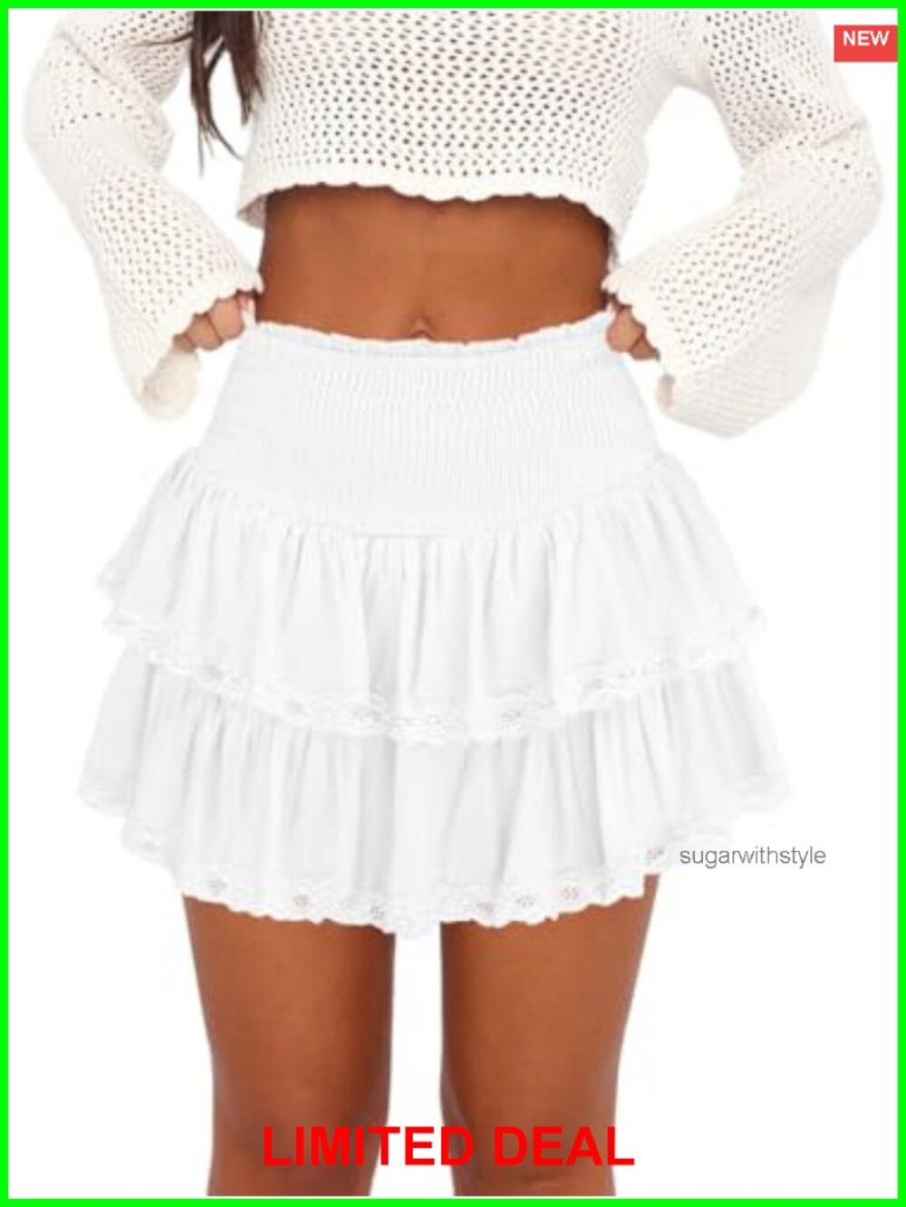 High Waist Ruffle Mini Skort with Built In Shorts Smocked Waist Lace Trim